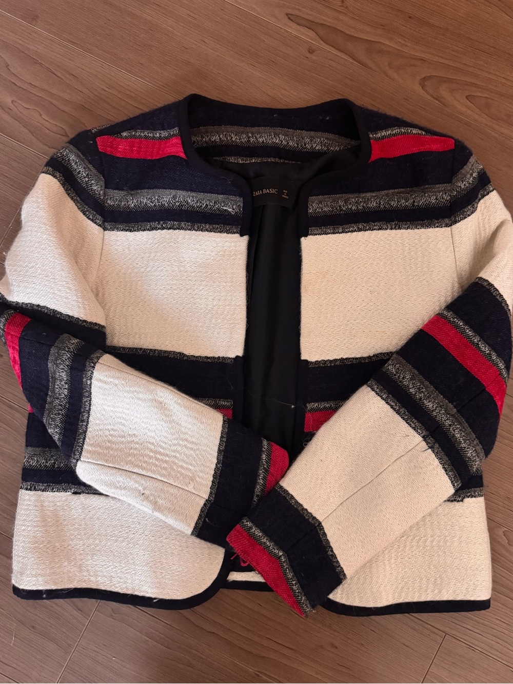 Zara Striped Cream Navy Red Collarless Blazer